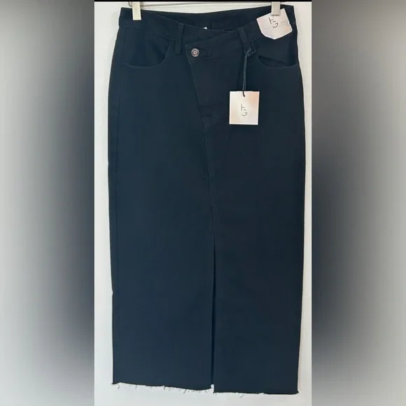 NEW Black Denim Maxi Skirt 25 High Slit Raw Hem Y2K Boho Grunge Minimalist NWT - Picture 2 of 9